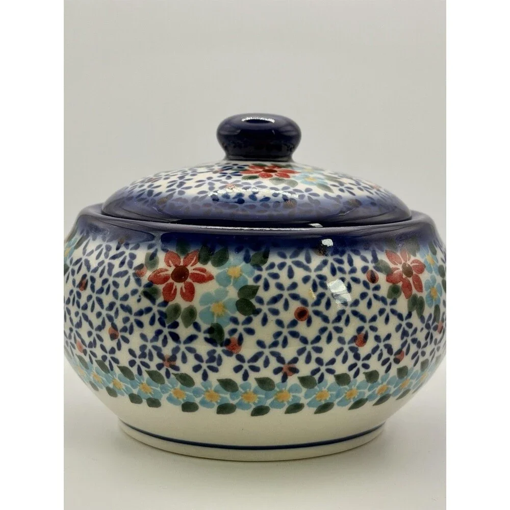 Ceramika Boleslawiec Handmade Blue & White Floral Ceramic Jar with Lid 6” Dia